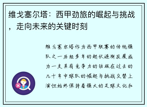 维戈塞尔塔：西甲劲旅的崛起与挑战，走向未来的关键时刻