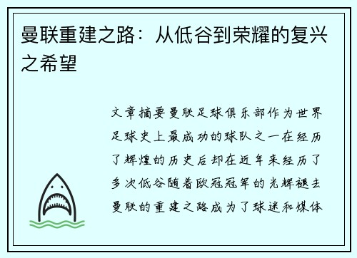 曼联重建之路：从低谷到荣耀的复兴之希望
